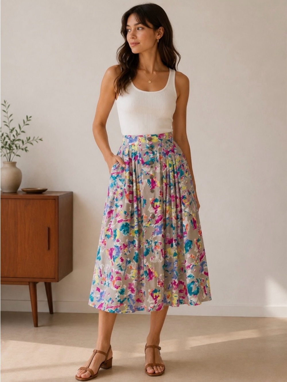 Vintage 80s Esprit Painterly Pleated Button Front Midi Skirt Juniors 3/4 XXS
